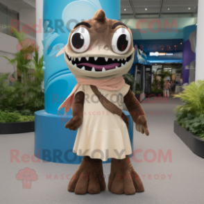 Brown Barracuda mascot costume character dressed with a Mini Dress and Scarves