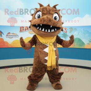 Brown Barracuda mascot costume character dressed with a Mini Dress and Scarves