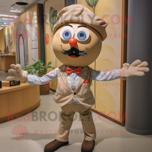 Beige Tomato mascot costume character dressed with a Chambray Shirt and Bow ties