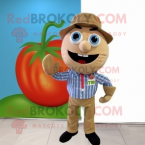 Beige Tomato mascot costume character dressed with a Chambray Shirt and Bow ties