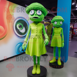 Lime Green Cyclops mascot costume character dressed with a Midi Dress and Berets