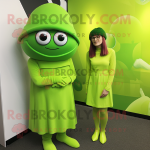 Lime Green Cyclops mascot costume character dressed with a Midi Dress and Berets