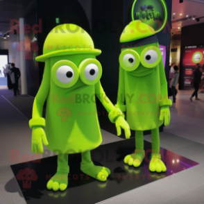 Lime Green Cyclops mascot costume character dressed with a Midi Dress and Berets