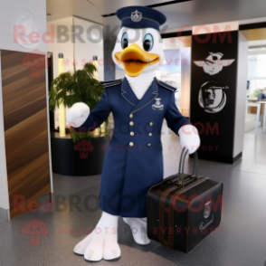 Navy Swan mascot costume character dressed with a Dress and Briefcases