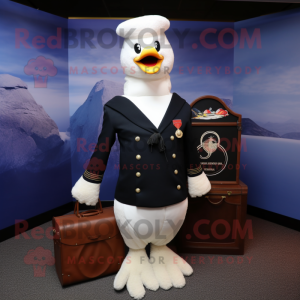 Navy Swan mascot costume character dressed with a Dress and Briefcases