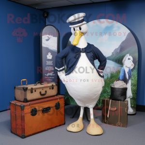 Navy Swan mascot costume character dressed with a Dress and Briefcases