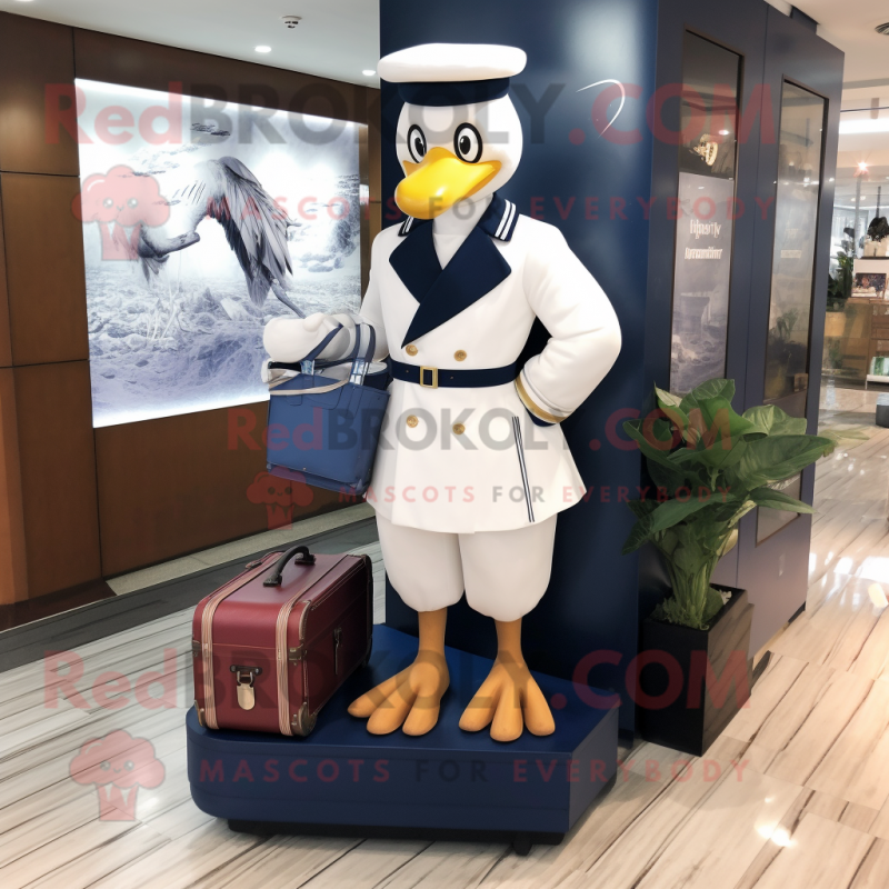 Navy Swan mascot costume character dressed with a Dress and Briefcases Navy Swan mascot costume character dressed with a Dress and Briefcases