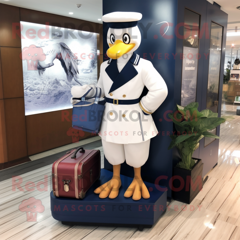 Navy Swan mascot costume character dressed with a Dress and Briefcases