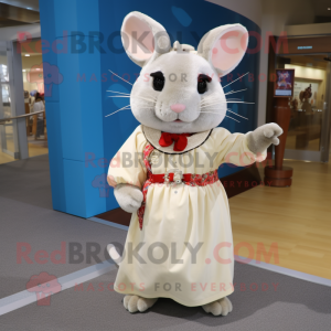 Cream Chinchilla mascot costume character dressed with a Midi Dress and Shoe laces
