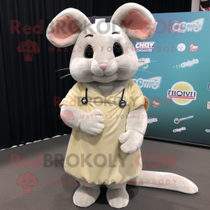 Cream Chinchilla mascot costume character dressed with a Midi Dress and Shoe laces