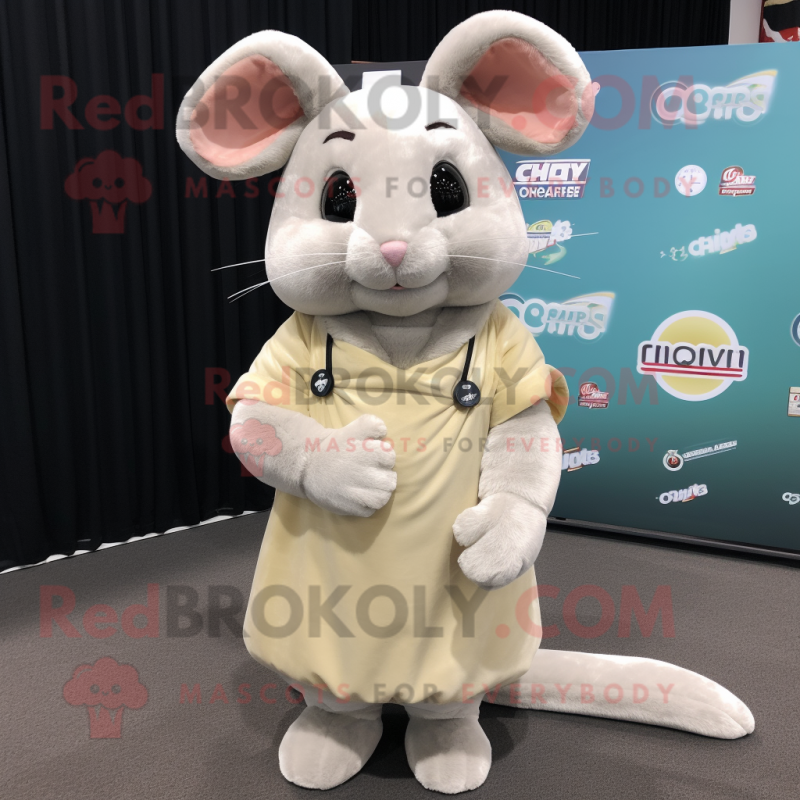 Cream Chinchilla mascot costume character dressed with a Midi Dress and Shoe laces Cream Chinchilla mascot costume character dressed with a Midi Dress and Shoe laces