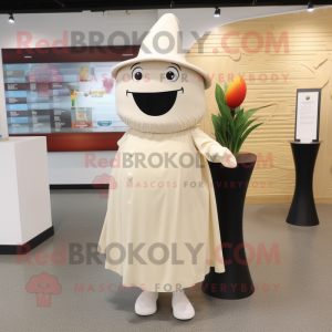 Cream Pepper mascot costume character dressed with a Pleated Skirt and Hat pins