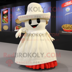 Cream Pepper mascot costume character dressed with a Pleated Skirt and Hat pins