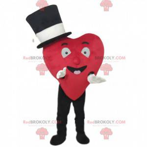 Maskot červené srdce s úsměvem s černým kloboukem -
