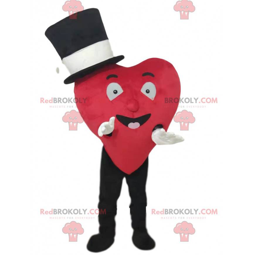 Rød hjerte maskot smilende med en sort hat - Redbrokoly.com Rød hjerte maskot smilende med en sort hat - Redbrokoly.com