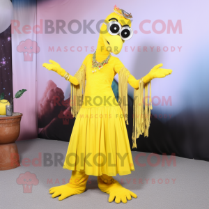 Yellow Stilt Walker mascot costume character dressed with a Maxi Skirt and Necklaces