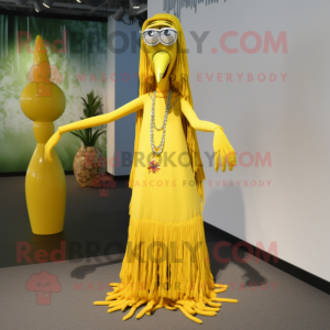 Yellow Stilt Walker mascot costume character dressed with a Maxi Skirt and Necklaces