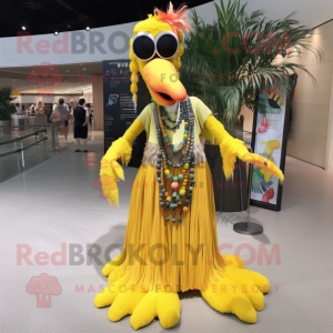 Yellow Stilt Walker mascot costume character dressed with a Maxi Skirt and Necklaces