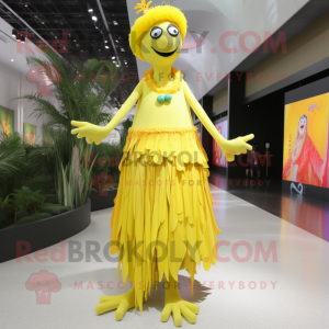 Yellow Stilt Walker mascot costume character dressed with a Maxi Skirt and Necklaces