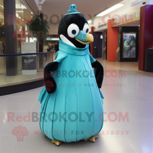 Cyan Penguin mascot costume character dressed with a Ball Gown and Tie pins