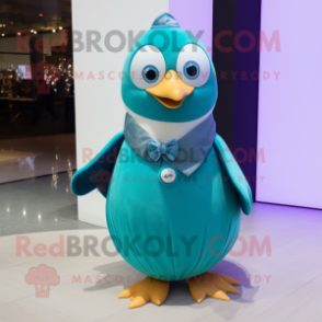 Cyan Penguin mascot costume character dressed with a Ball Gown and Tie pins