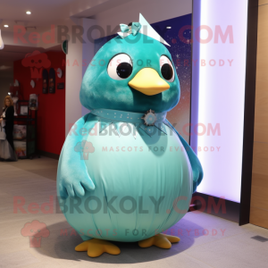 Cyan Penguin mascot costume character dressed with a Ball Gown and Tie pins