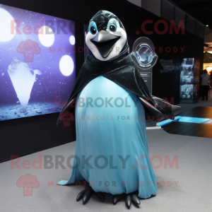 Cyan Penguin mascot costume character dressed with a Ball Gown and Tie pins