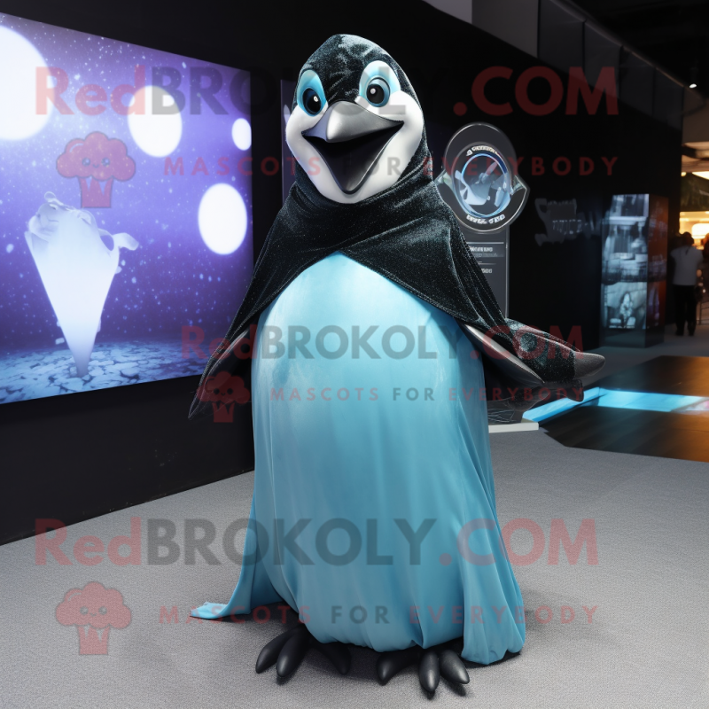 Cyan Penguin mascot costume character dressed with a Ball Gown and Tie pins Cyan Penguin mascot costume character dressed with a Ball Gown and Tie pins