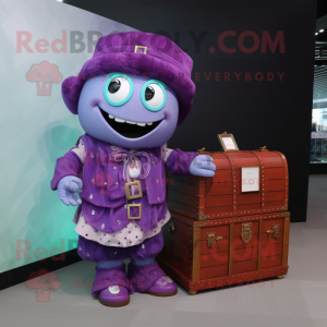 Purple Treasure Chest mascot costume character dressed with a Shift Dress and Digital watches