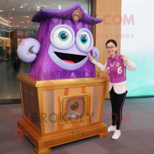 Purple Treasure Chest mascot costume character dressed with a Shift Dress and Digital watches
