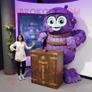 Purple Treasure Chest mascot costume character dressed with a Shift Dress and Digital watches