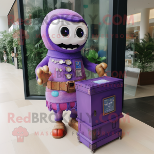 Purple Treasure Chest mascot costume character dressed with a Shift Dress and Digital watches