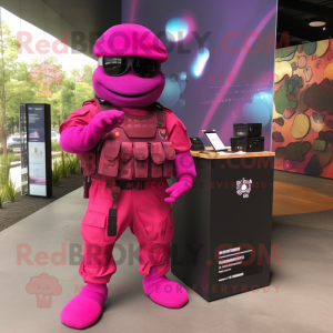 Magenta Para Commando mascot costume character dressed with a Wrap Skirt and Wallets