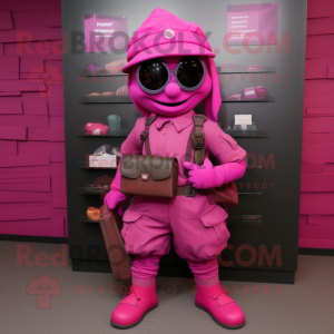 Magenta Para Commando mascot costume character dressed with a Wrap Skirt and Wallets