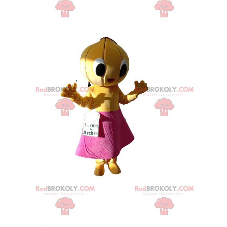 Mascotte di cipolla con una gonna rosa. Costume di fichi -