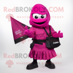 Magenta Para Commando mascot costume character dressed with a Wrap Skirt and Wallets