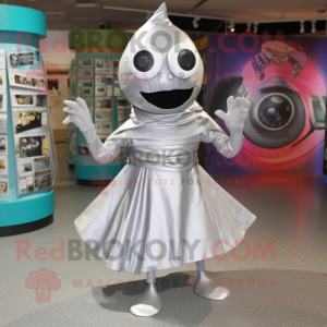 Silver Cyclops mascot costume character dressed with a Wrap Dress and Shoe laces