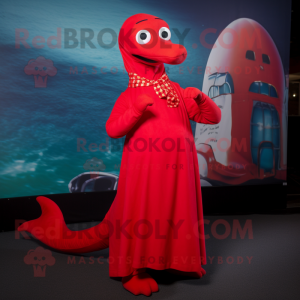 Red Loch Ness Monster mascot costume character dressed with a A-Line Skirt and Scarf clips