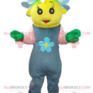 Yellow character mascot with a blue flower crown -