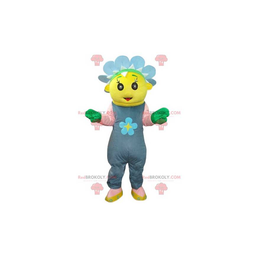 Mascota personaje amarillo con una corona de flores azul -