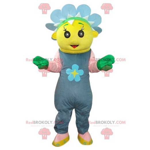 Yellow character mascot with a blue flower crown -