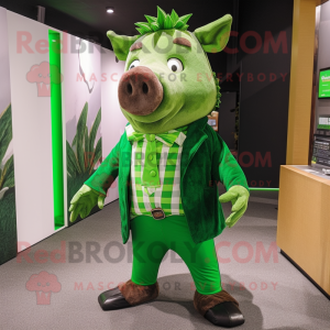 Green Wild Boar mascot costume character dressed with a Dress and Tie pins