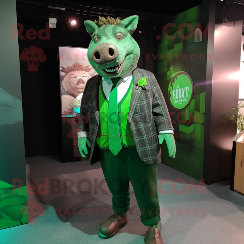 Green Wild Boar mascot costume character dressed with a Dress and Tie pins