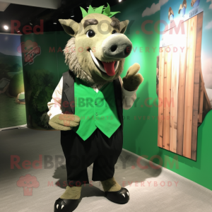 Green Wild Boar mascot costume character dressed with a Dress and Tie pins