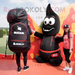 Black Currywurst mascot costume character dressed with a Bikini and Backpacks