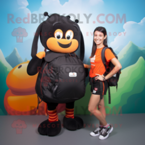 Black Currywurst mascot costume character dressed with a Bikini and Backpacks