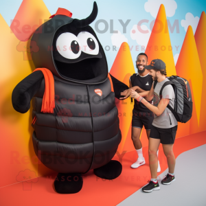 Black Currywurst mascot costume character dressed with a Bikini and Backpacks