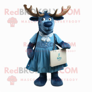 Blue Irish Elk mascot costume character dressed with a Pleated Skirt and Clutch bags