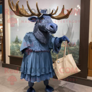 Blue Irish Elk mascot costume character dressed with a Pleated Skirt and Clutch bags