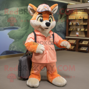 Peach Dingo mascot costume character dressed with a Cover-up and Messenger bags